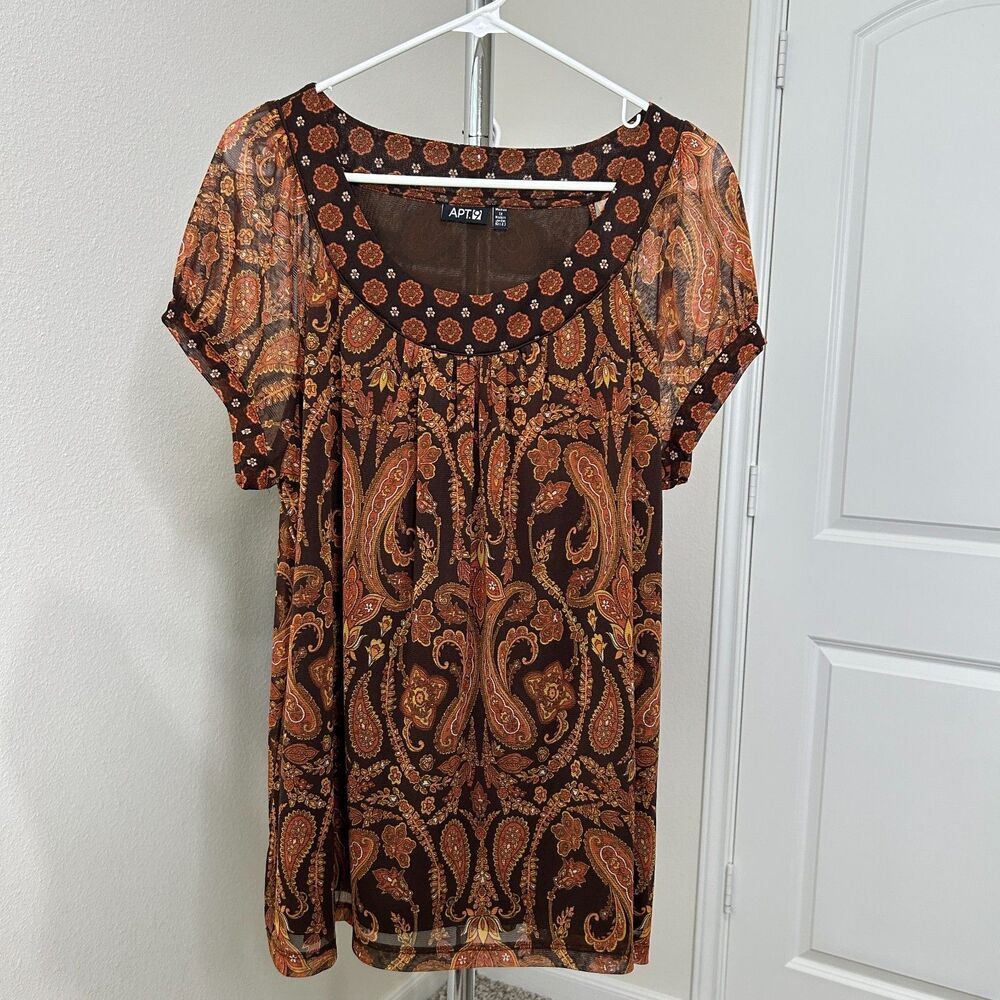 Apt. 9 Blouse Orange Brown Paisley Sheer Mesh Vintage Boho Y2K Earth Tone